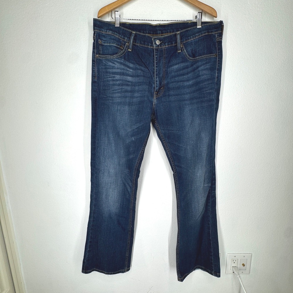 Levis 527 Slim Bootcut Jeans Mens 38x32 Dark Wash Stretch‎ Denim Blue Whiskered